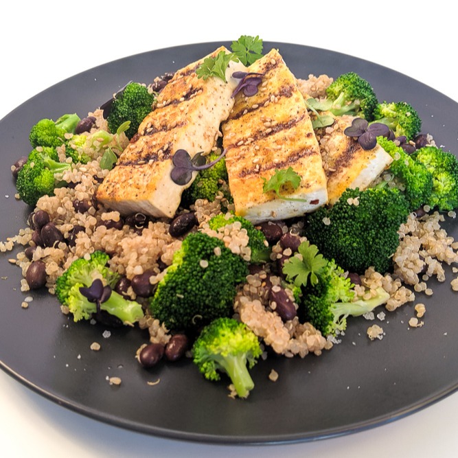 Vegan Savoury Grilled Tofu, Broccoli, and Rice Bowl